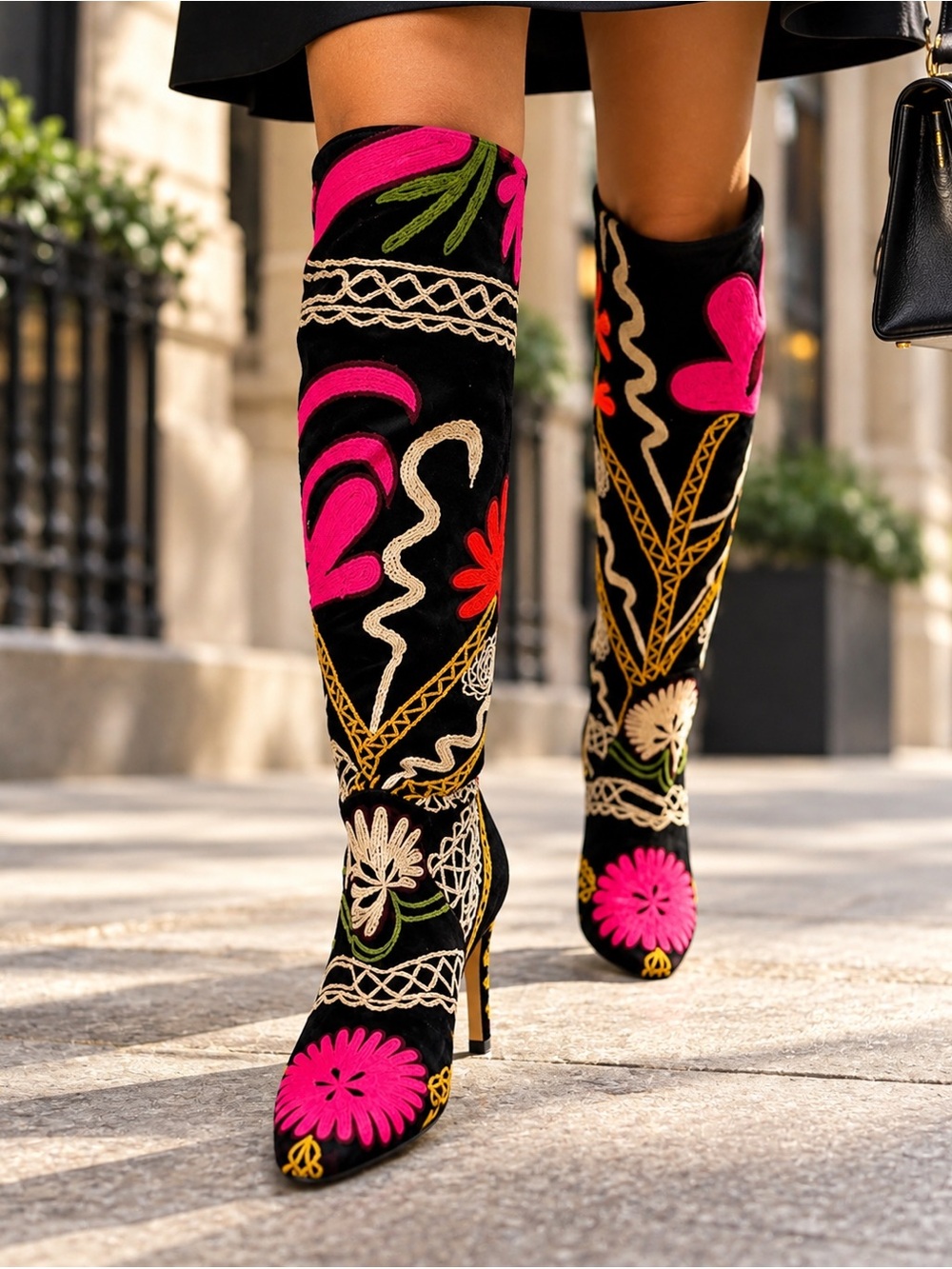 EDOCHE Turkish Suzani Embroidered Velvet Tall Boots EU 36 Floral